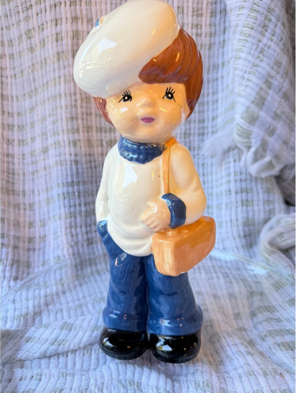 FIGURINE Vintage Ceramic Figurine of Boy with Beret and Satchel